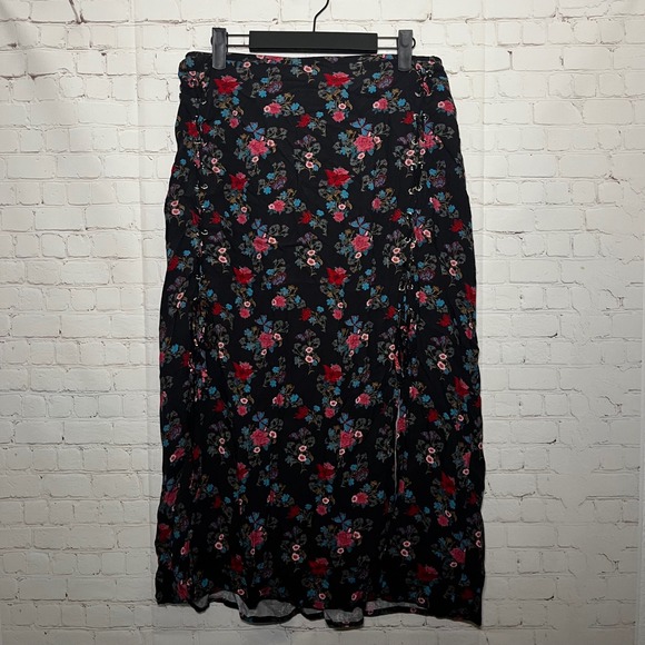 Daisy‎ Street Black Floral Print Midi Skirt with Lace Up Slits Plus Size 3 3x - Picture 2 of 7